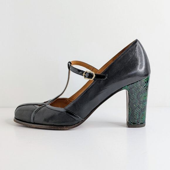 Chie Mihara T-Strap Heels 40 Black Green Snakeskin Accent Retro Glam Pinup Shoes - Picture 1 of 15